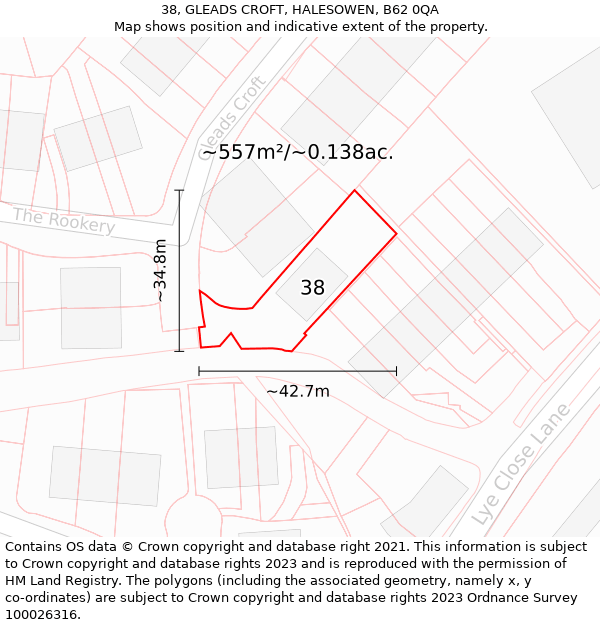 38, GLEADS CROFT, HALESOWEN, B62 0QA: Plot and title map