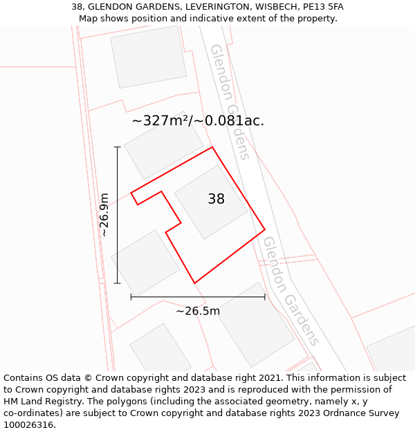 38, GLENDON GARDENS, LEVERINGTON, WISBECH, PE13 5FA: Plot and title map