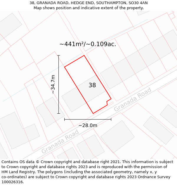 38, GRANADA ROAD, HEDGE END, SOUTHAMPTON, SO30 4AN: Plot and title map