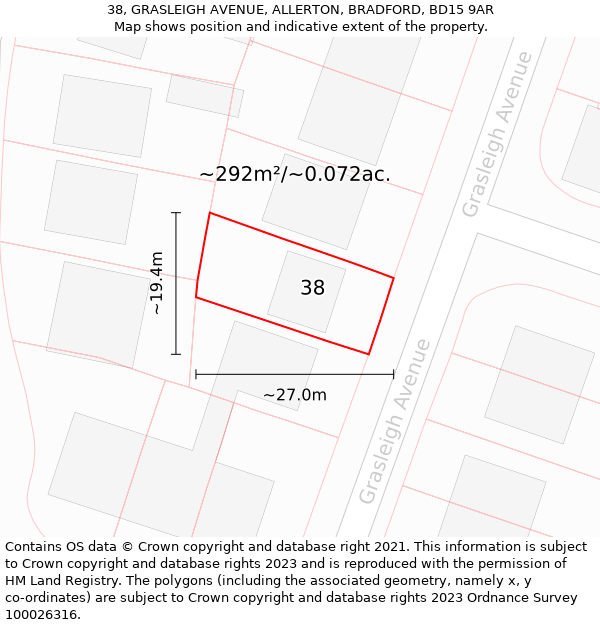 38, GRASLEIGH AVENUE, ALLERTON, BRADFORD, BD15 9AR: Plot and title map