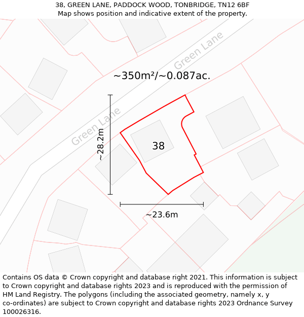 38, GREEN LANE, PADDOCK WOOD, TONBRIDGE, TN12 6BF: Plot and title map