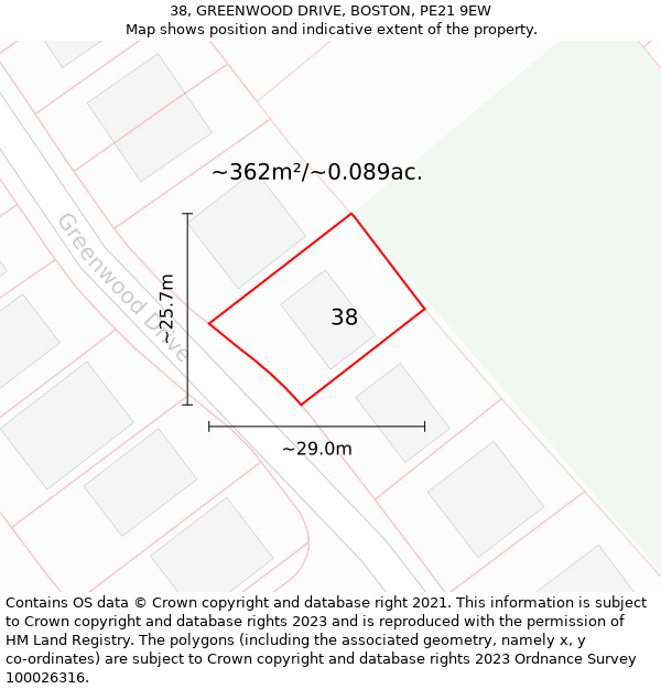 38, GREENWOOD DRIVE, BOSTON, PE21 9EW: Plot and title map