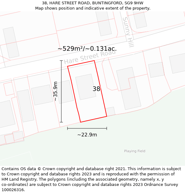 38, HARE STREET ROAD, BUNTINGFORD, SG9 9HW: Plot and title map