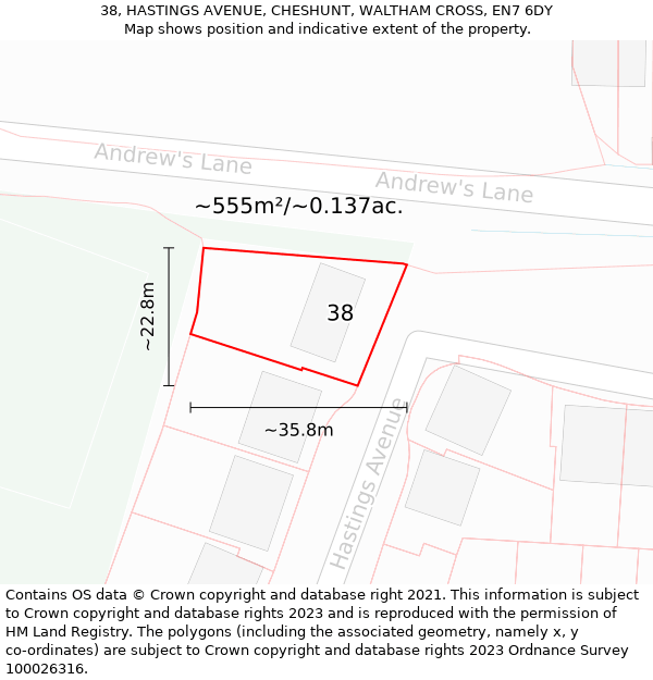 38, HASTINGS AVENUE, CHESHUNT, WALTHAM CROSS, EN7 6DY: Plot and title map