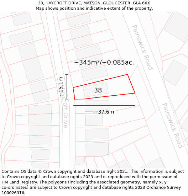 38, HAYCROFT DRIVE, MATSON, GLOUCESTER, GL4 6XX: Plot and title map