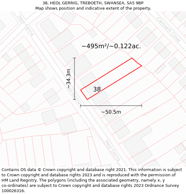 38, HEOL GERRIG, TREBOETH, SWANSEA, SA5 9BP: Plot and title map