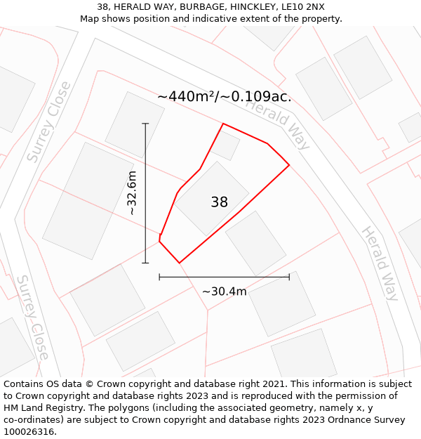 38, HERALD WAY, BURBAGE, HINCKLEY, LE10 2NX: Plot and title map