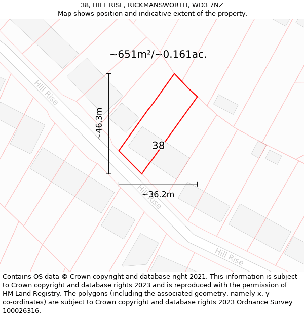 38, HILL RISE, RICKMANSWORTH, WD3 7NZ: Plot and title map