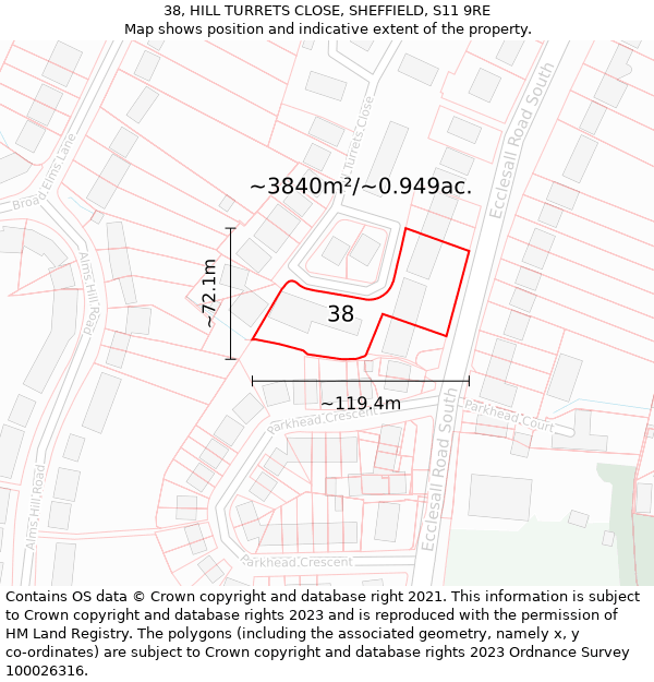 38, HILL TURRETS CLOSE, SHEFFIELD, S11 9RE: Plot and title map