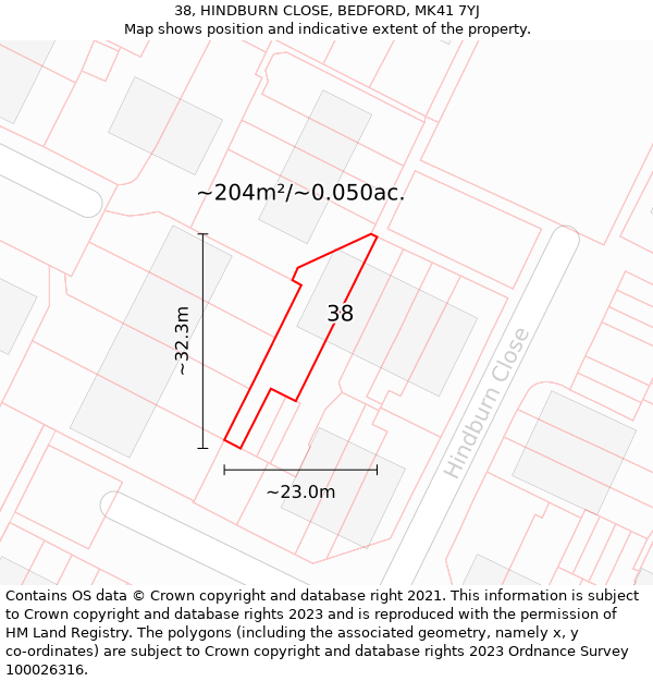 38, HINDBURN CLOSE, BEDFORD, MK41 7YJ: Plot and title map