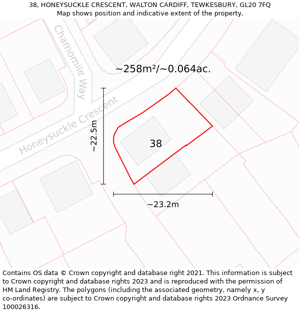 38, HONEYSUCKLE CRESCENT, WALTON CARDIFF, TEWKESBURY, GL20 7FQ: Plot and title map