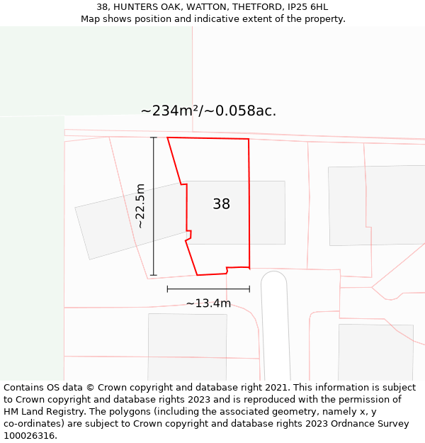 38, HUNTERS OAK, WATTON, THETFORD, IP25 6HL: Plot and title map