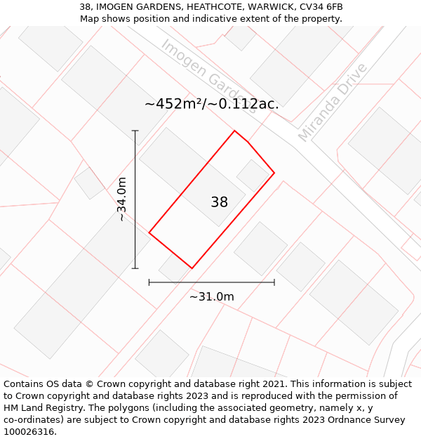 38, IMOGEN GARDENS, HEATHCOTE, WARWICK, CV34 6FB: Plot and title map