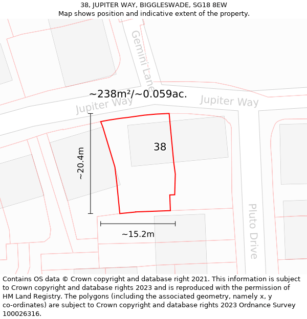 38, JUPITER WAY, BIGGLESWADE, SG18 8EW: Plot and title map