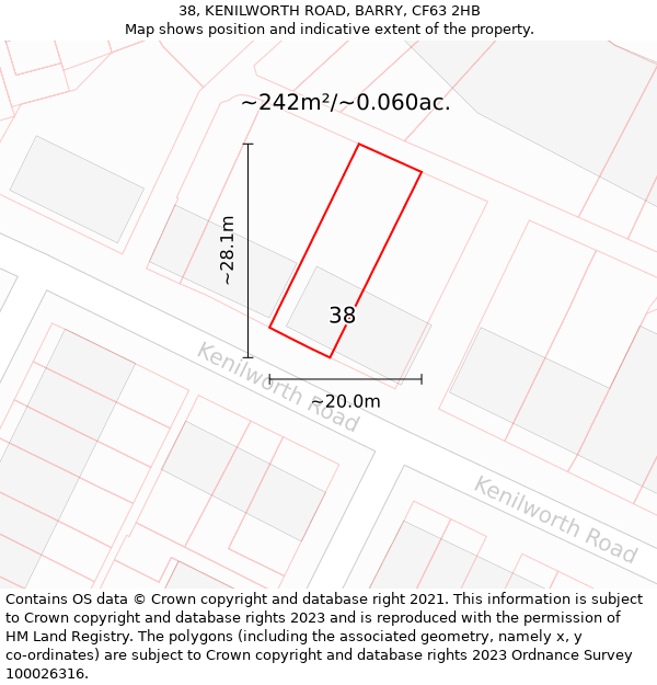 38, KENILWORTH ROAD, BARRY, CF63 2HB: Plot and title map