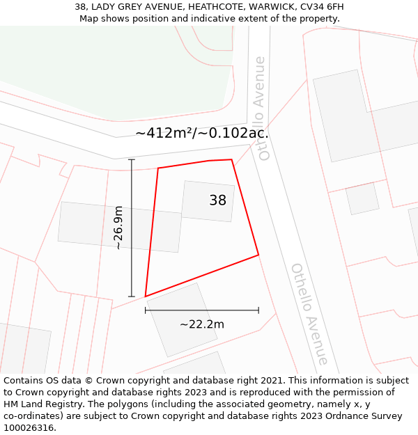 38, LADY GREY AVENUE, HEATHCOTE, WARWICK, CV34 6FH: Plot and title map