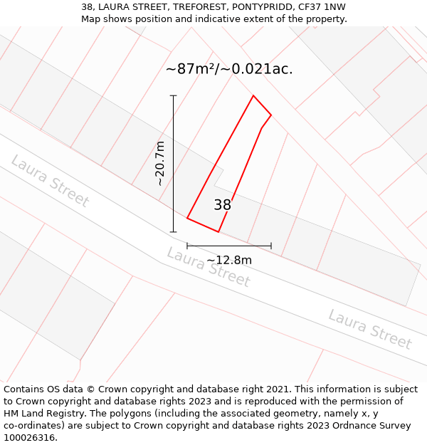 38, LAURA STREET, TREFOREST, PONTYPRIDD, CF37 1NW: Plot and title map