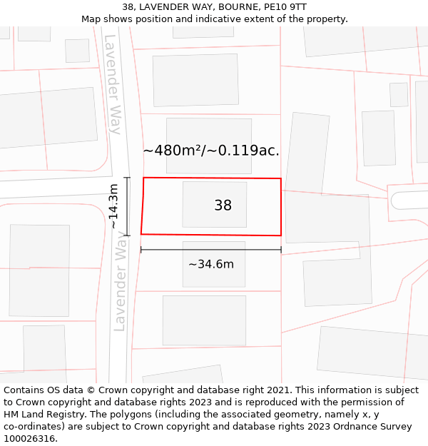 38, LAVENDER WAY, BOURNE, PE10 9TT: Plot and title map