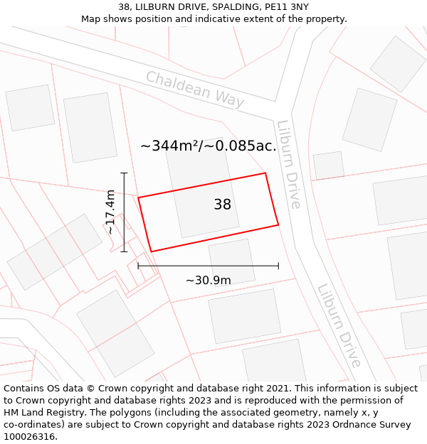 38, LILBURN DRIVE, SPALDING, PE11 3NY: Plot and title map