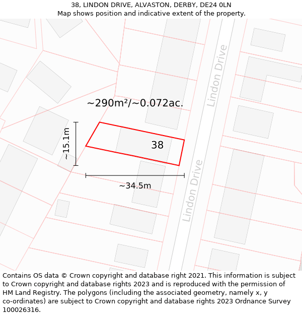 38, LINDON DRIVE, ALVASTON, DERBY, DE24 0LN: Plot and title map