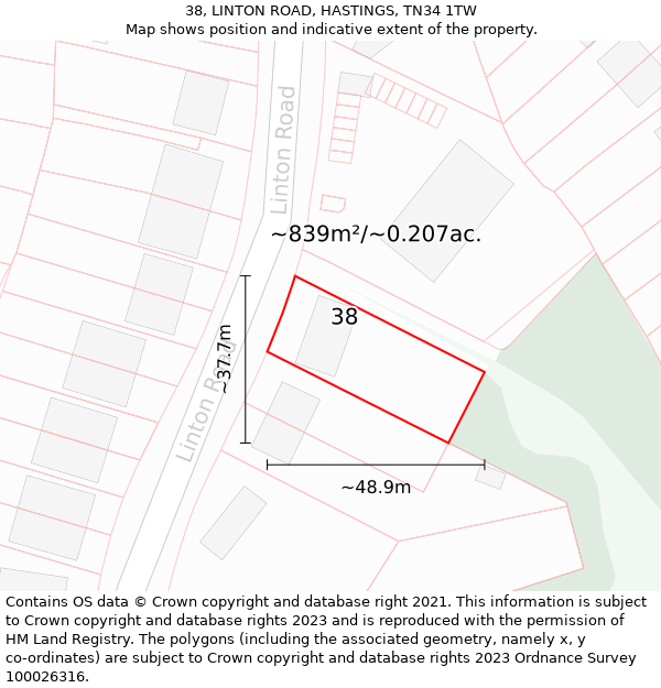 38, LINTON ROAD, HASTINGS, TN34 1TW: Plot and title map