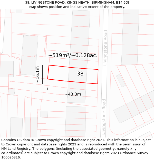 38, LIVINGSTONE ROAD, KINGS HEATH, BIRMINGHAM, B14 6DJ: Plot and title map