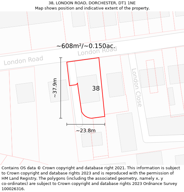 38, LONDON ROAD, DORCHESTER, DT1 1NE: Plot and title map