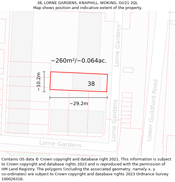 38, LORNE GARDENS, KNAPHILL, WOKING, GU21 2QL: Plot and title map