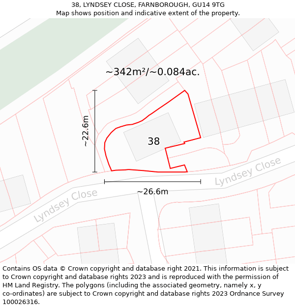 38, LYNDSEY CLOSE, FARNBOROUGH, GU14 9TG: Plot and title map