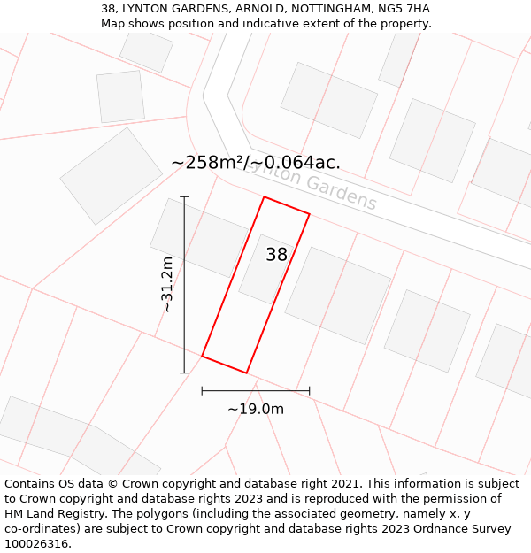 38, LYNTON GARDENS, ARNOLD, NOTTINGHAM, NG5 7HA: Plot and title map