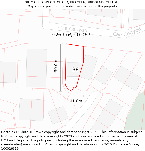 38, MAES DEWI PRITCHARD, BRACKLA, BRIDGEND, CF31 2ET: Plot and title map