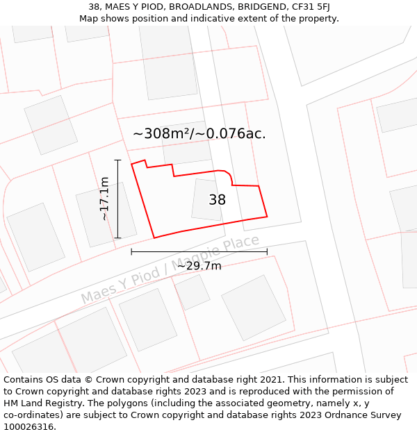 38, MAES Y PIOD, BROADLANDS, BRIDGEND, CF31 5FJ: Plot and title map