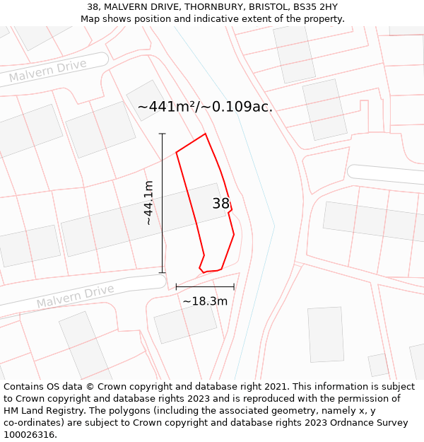 38, MALVERN DRIVE, THORNBURY, BRISTOL, BS35 2HY: Plot and title map