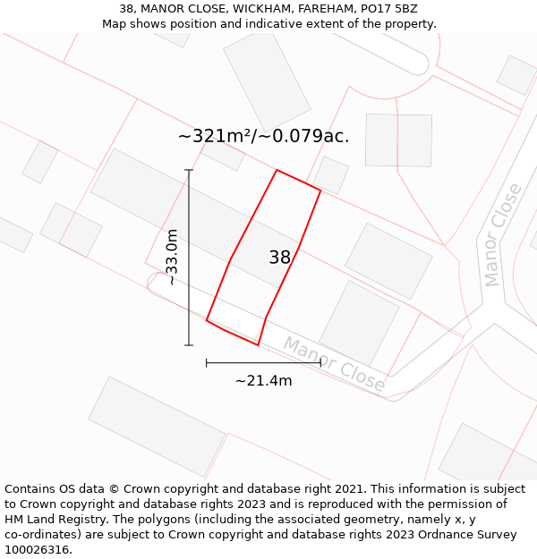 38, MANOR CLOSE, WICKHAM, FAREHAM, PO17 5BZ: Plot and title map