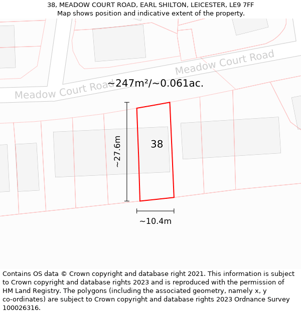 38, MEADOW COURT ROAD, EARL SHILTON, LEICESTER, LE9 7FF: Plot and title map