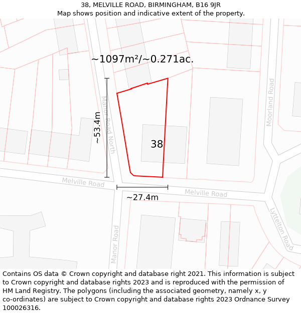 38, MELVILLE ROAD, BIRMINGHAM, B16 9JR: Plot and title map