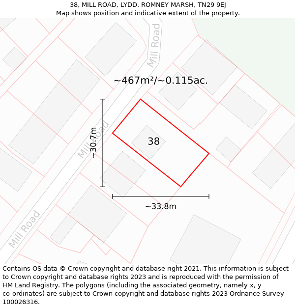 38, MILL ROAD, LYDD, ROMNEY MARSH, TN29 9EJ: Plot and title map