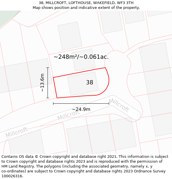 38, MILLCROFT, LOFTHOUSE, WAKEFIELD, WF3 3TH: Plot and title map