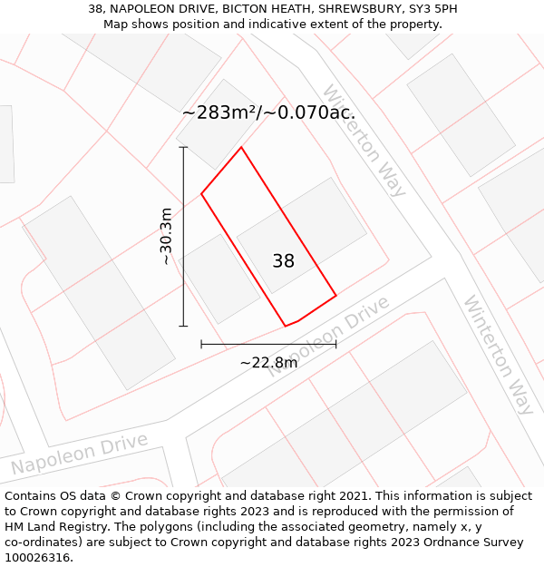 38, NAPOLEON DRIVE, BICTON HEATH, SHREWSBURY, SY3 5PH: Plot and title map