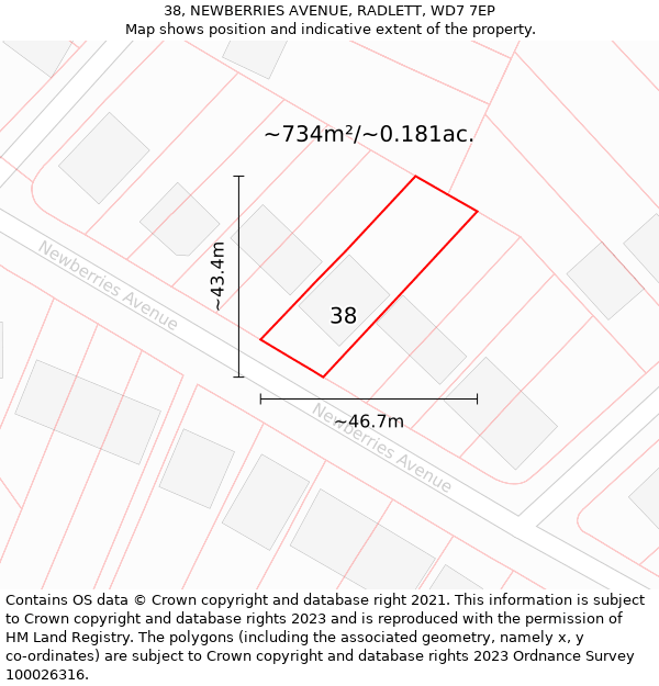 38, NEWBERRIES AVENUE, RADLETT, WD7 7EP: Plot and title map