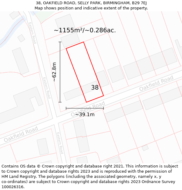 38, OAKFIELD ROAD, SELLY PARK, BIRMINGHAM, B29 7EJ: Plot and title map