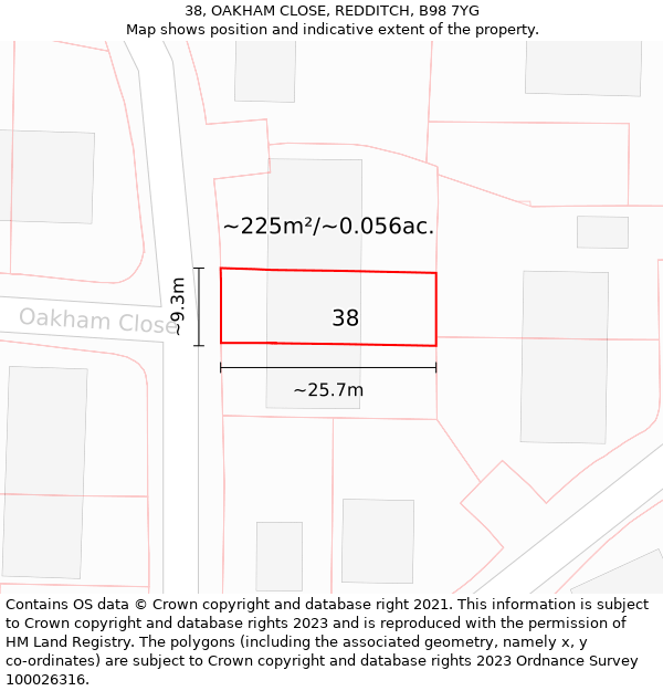 38, OAKHAM CLOSE, REDDITCH, B98 7YG: Plot and title map