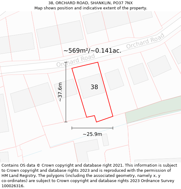 38, ORCHARD ROAD, SHANKLIN, PO37 7NX: Plot and title map