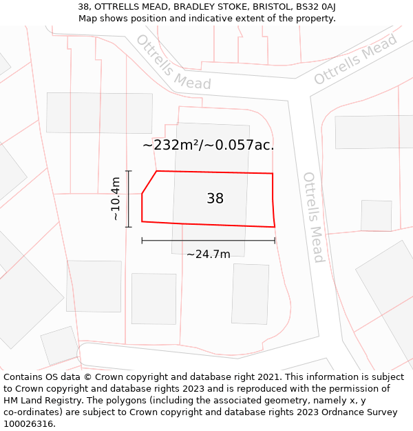 38, OTTRELLS MEAD, BRADLEY STOKE, BRISTOL, BS32 0AJ: Plot and title map