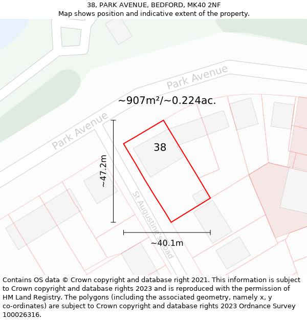 38, PARK AVENUE, BEDFORD, MK40 2NF: Plot and title map