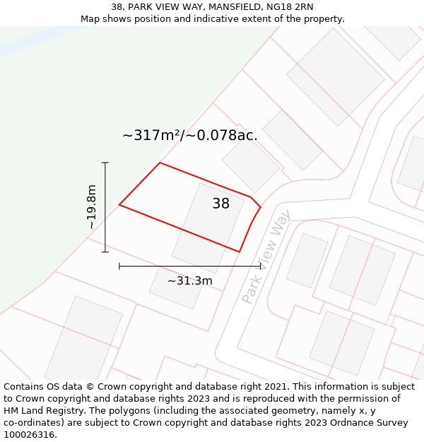 38, PARK VIEW WAY, MANSFIELD, NG18 2RN: Plot and title map