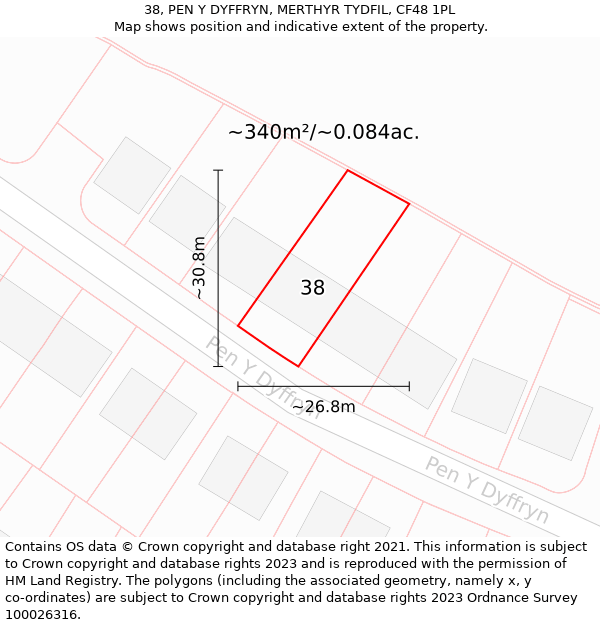 38, PEN Y DYFFRYN, MERTHYR TYDFIL, CF48 1PL: Plot and title map