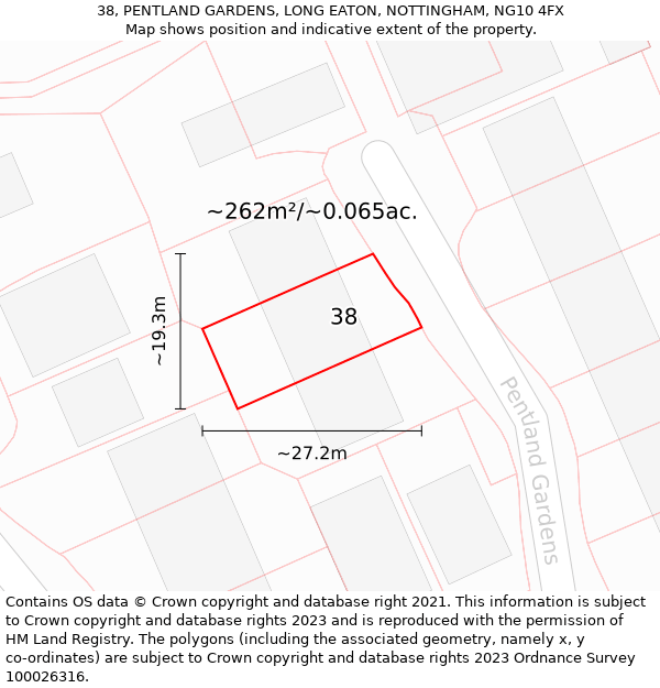 38, PENTLAND GARDENS, LONG EATON, NOTTINGHAM, NG10 4FX: Plot and title map