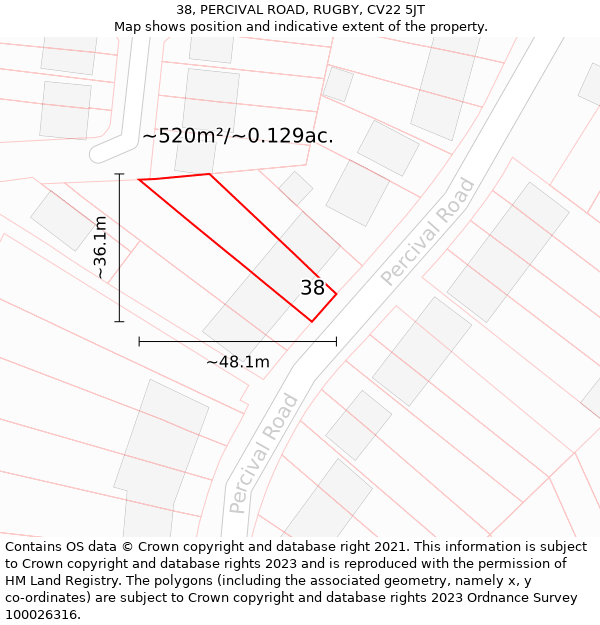 38, PERCIVAL ROAD, RUGBY, CV22 5JT: Plot and title map
