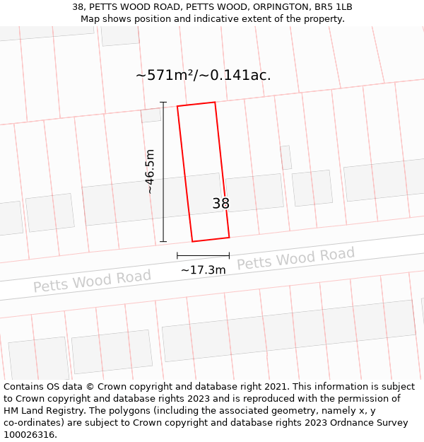 38, PETTS WOOD ROAD, PETTS WOOD, ORPINGTON, BR5 1LB: Plot and title map